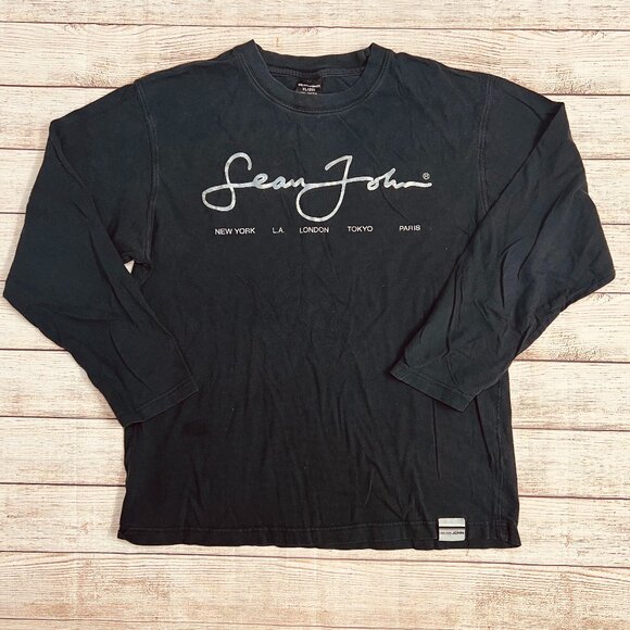 Sean John Black Long Sleeve Shirt XL Vintage Y2k Script Logo Cities Tee Cotton - Picture 1 of 8